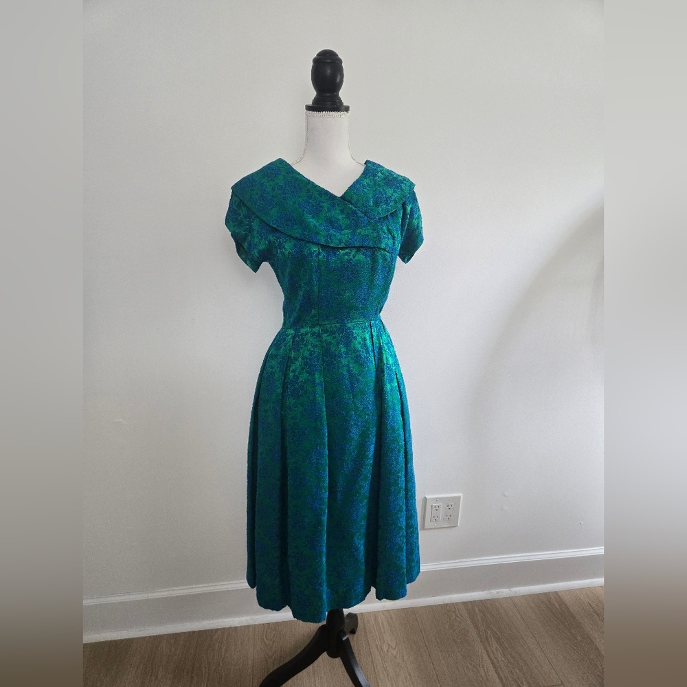 1960s Electric Blue and Green Brocade Cocktail Dress by R&K Originals